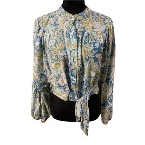 Rachel Roy Blue Floral Tie Front Cropped Blouse‎ Shirt Top M NWT